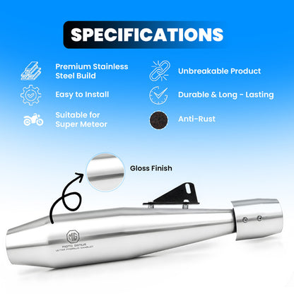 Venom Stainless Steel Dual Exhaust Silencer for Royal Enfield Super Meteor 650 (Both Sides, Left + Right) | Premium SS-304 Anti-Rust Performance Muffler Pair (Chrome Silver)
