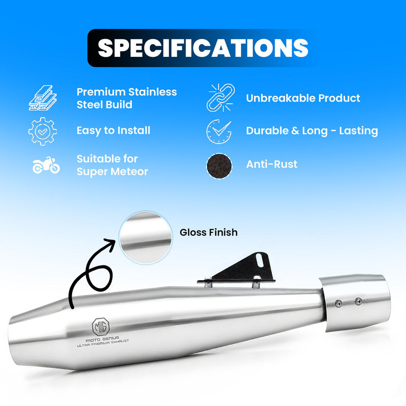 Venom Stainless Steel Dual Exhaust Silencer for Royal Enfield Super Meteor 650 (Both Sides, Left + Right) | Premium SS-304 Anti-Rust Performance Muffler Pair (Chrome Silver)