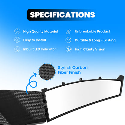Adjustable Universal Motorcycle Rearview Mirrors with LED Turn Signals, Rotating Wind Wing Side Mirrors, Carbon Fiber Finish, Modified Rear View Mirrors for Most Motorcycles & Bikes