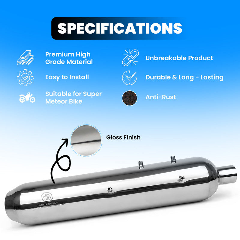 Hurricane Stainless Steel Dual Exhaust Silencer for Royal Enfield Super Meteor 650 (Both Sides, Left + Right) | Premium SS-304 Anti-Rust Performance Muffler Pair(Chrome Silver)