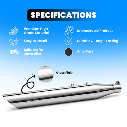 Razor Stainless Steel Dual Exhaust Silencer for Jawa Classic & Jawa 42 (Both Sides, Silver Chrome) | Heavy Bass Deep Rumble Note | Anti-Rust & Weatherproof Motorcycle Muffler (Pair)