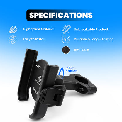 Universal Aluminum Motorcycle & Bicycle Phone Holder with Handle Fitting – 360° Rotatable Handlebar Mount, Adjustable & Shockproof Mobile Holder