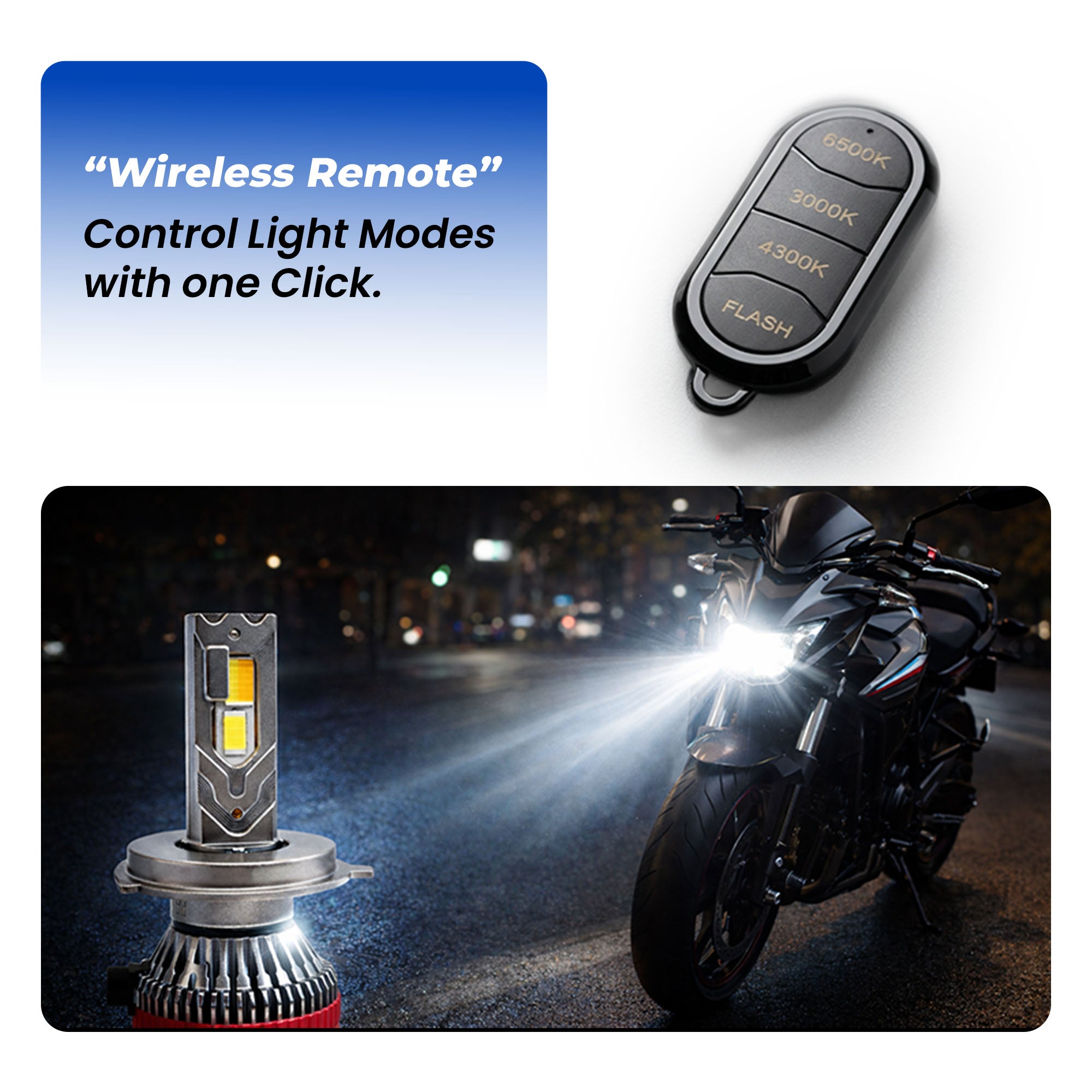 MOTO GENIUS 100W H4 LED Headlight Conversion Kit with Wireless Remote Control, 4 Lighting Modes, Waterproof Aluminum Housing, Ultra Bright Car & Motorcycle Headlights