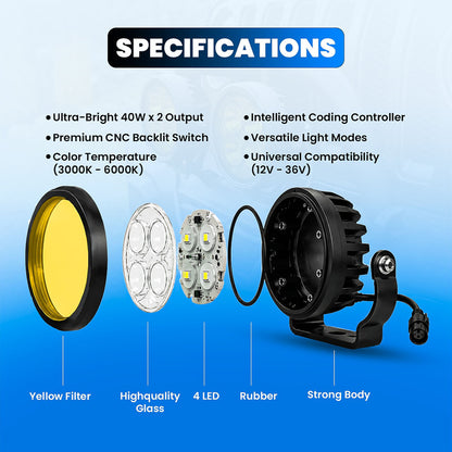MOTO GENIUS VK460 40W x 2 Motorcycle Fog Light Auxiliary LED Light Set | High Brightness CNC Switch & Wiring Harness | Universal Fit Waterproof Bike Driving Lights (Pack of 2)