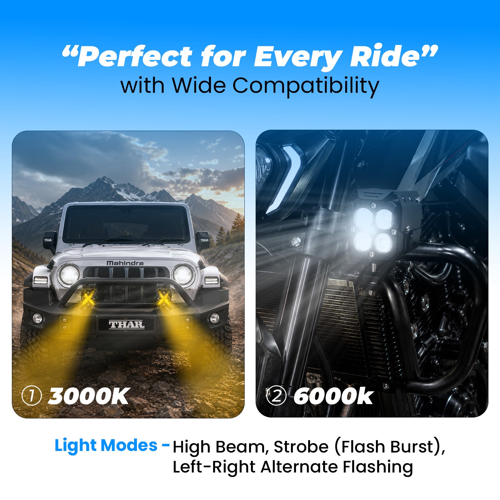 VK30 60W 4 LED High Power with Harness Motorcycle Spotlight with Switch, Dual Beam High/Low (White & Yellow), 12V–36V Universal Fit for Bikes & Electric Vehicles, IP67 Waterproof Auxiliary Fog Light (Pack of 2) (MGF3)