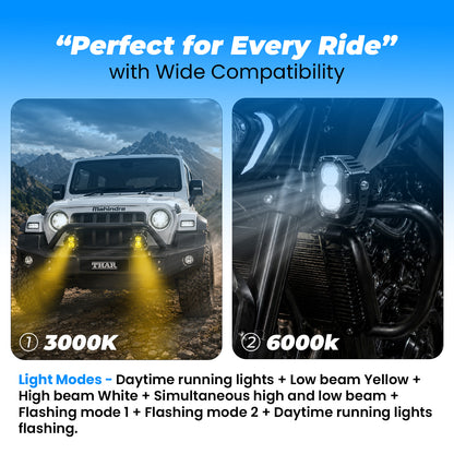 VK810 2 LED 70Wwith Harness High Power Motorcycle Spotlight with Switch, Dual Beam High/Low (White & Yellow), 12V–36V Universal Fit for Bikes, Scooters & Electric Vehicles, IP67 Waterproof Auxiliary Fog Light (Pack of 2) (MGF3)