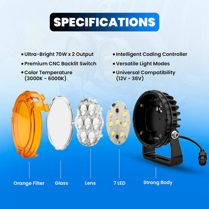 VK700 70W x 2 Motorcycle Fog Light Auxiliary LED Light Set | High Brightness CNC Switch & Wiring Harness | Universal Fit Waterproof Bike Driving Lights (Pack of 2)