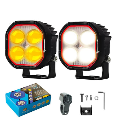 4 Lens LED Fog Light for Bike, Scooter & Car | Waterproof Spotlight with High/Low Beam, 12-80V Universal Fit, Dual Color ( & ) – Pack of 2 (MGF2)-Black - Moto Genius