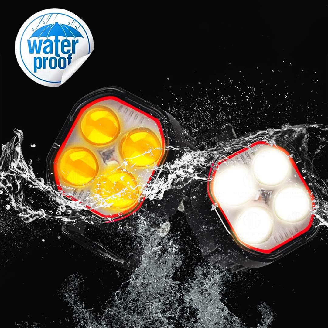 4 Lens LED Fog Light for Bike, Scooter & Car | Waterproof Spotlight with High/Low Beam, 12-80V Universal Fit, Dual Color ( & ) – Pack of 2 (MGF2)-Black - Moto Genius