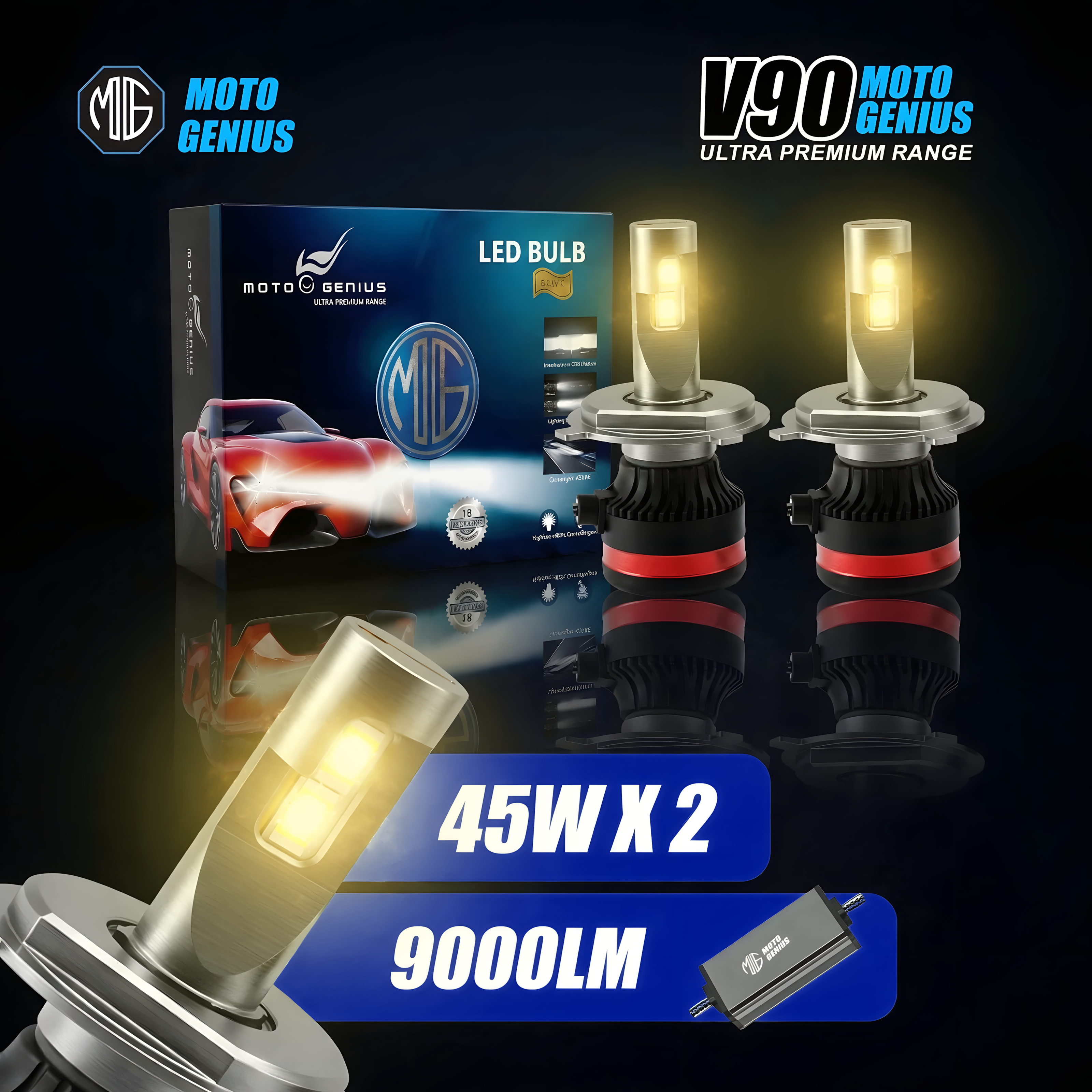 MOTO GENIUS Super Bright 90W H4 LED Headlight Conversion Kit (Pack of 2) – Waterproof High & Low Beam White Light Bulbs for Cars, Motorcycles, Bikes & Scooters, 9V-32V Universal Fit
