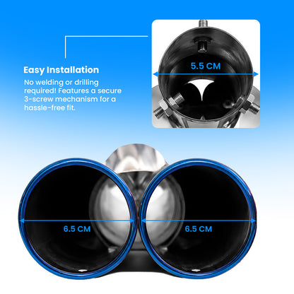 2.5 Inch Inlet Dual Exhaust Tip, Stainless Steel Polished Double Outlet Muffler Tailpipe, Universal Bolt-On Car Exhaust Tail Pipe with Blue Burnt Finish