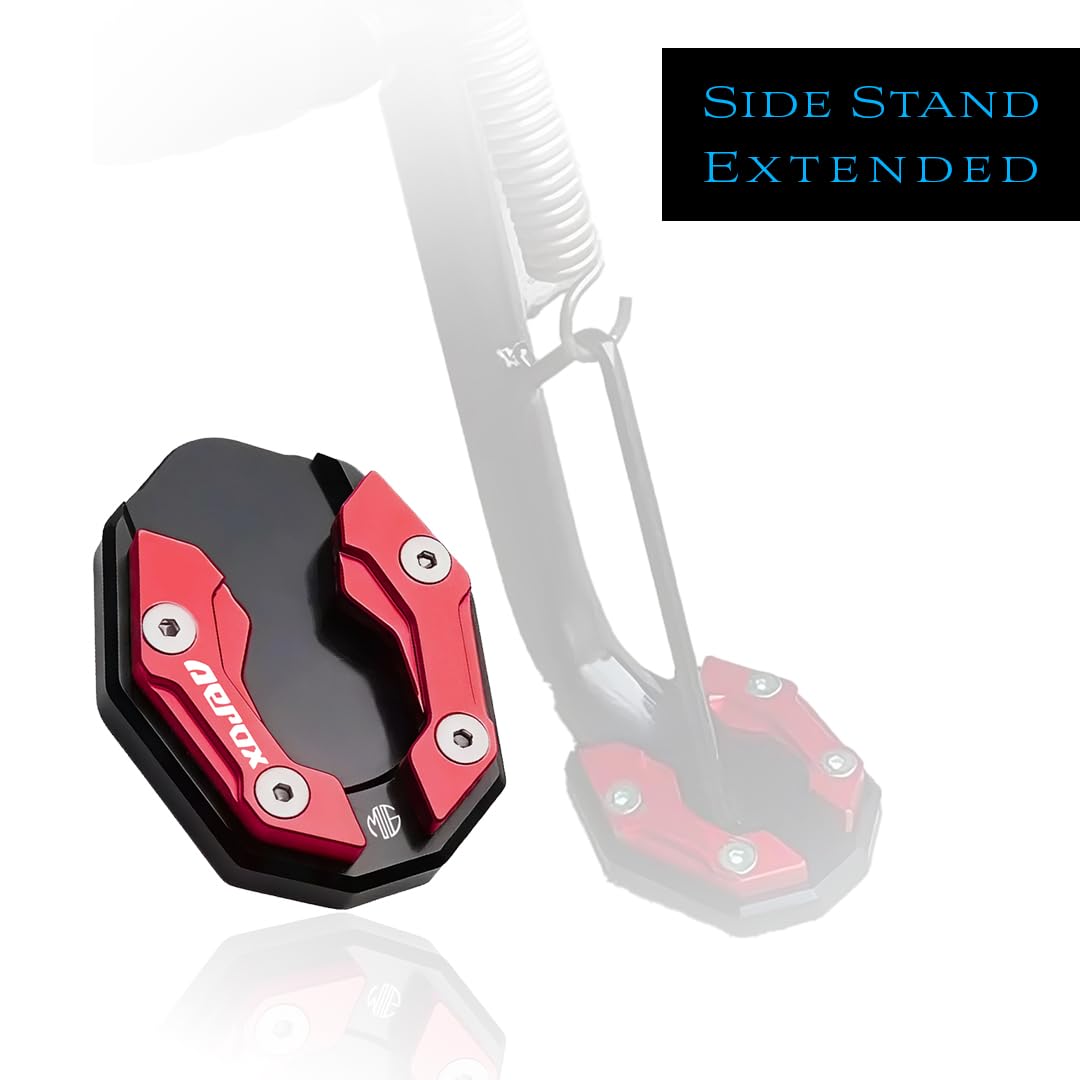 MOTO GENIUS Aerox 155 Aluminium Side Stand Extender | CNC Base Plate for Stability and Support | Durable Easy Installation| Enhanced Stability (Red)