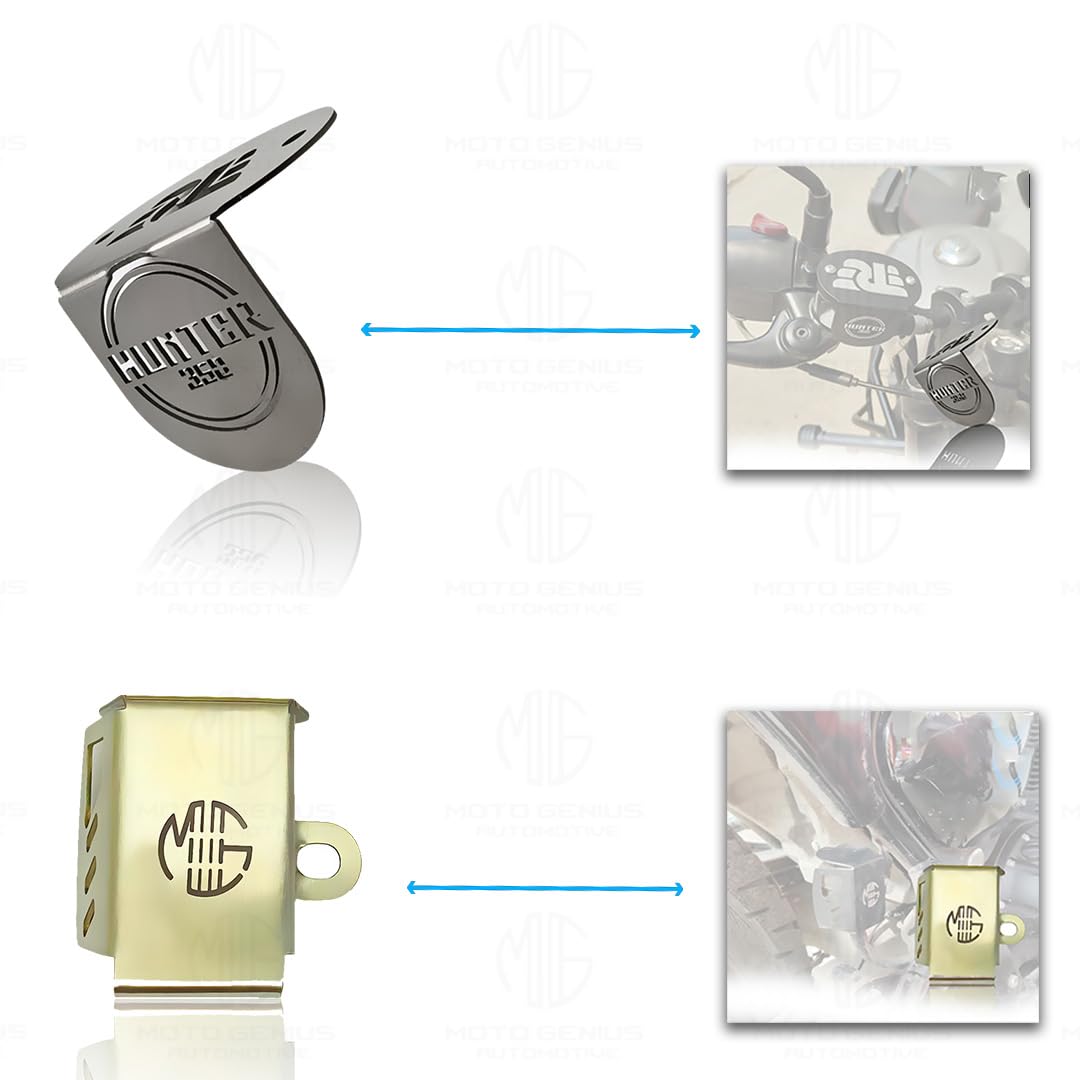 MOTO GENIUS Stainless Steel Accessories Kit for RE Hunter Motorbike | Straight Shape Headlight Grill, Side Stand Extender, Front & Rear Brake Oil Reservoir Caps | Heavy-Duty Steel (Pack of 4)