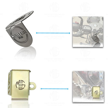 MOTO GENIUS Stainless Steel Accessories Kit for RE Hunter Motorbike | Straight Shape Headlight Grill, Side Stand Extender, Front & Rear Brake Oil Reservoir Caps | Heavy-Duty Steel (Pack of 4)