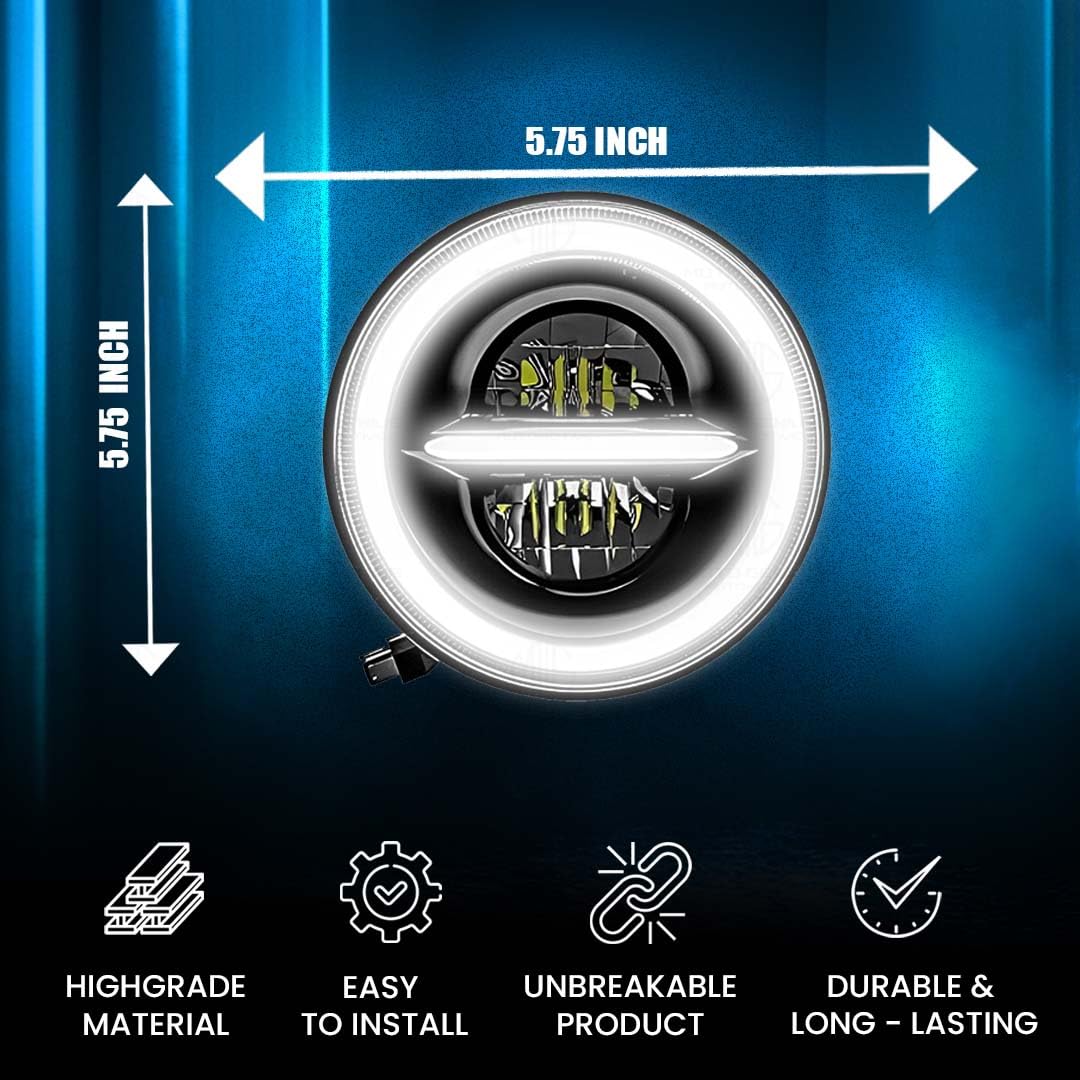 5.7 Inch LED Round Headlight for Harley Davidson & Bajaj Avenger Motorbike | Acrylic & Aluminum Construction, Waterproof, Luminous Mode (Line Design) - Moto Genius
