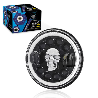 5.7 Inch LED Round Headlight for Harley Davidson & Bajaj Avenger Motorbike | High/Low Beam | Acrylic & Aluminum Construction, Waterproof, Luminous Mode | Skull Design - Moto Genius
