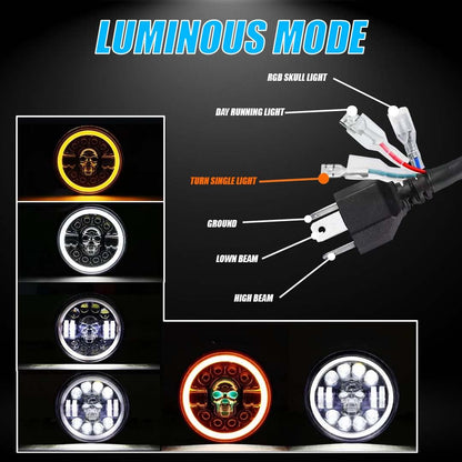 5.7 Inch LED Round Headlight with DRL for HD Iron 883 Motorbike | Acrylic & Aluminum Construction, Waterproof, Luminous Mode | Skull Design - Moto Genius