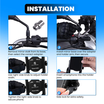 Universal Aluminum Motorcycle & Bicycle Phone Holder with Mirror Fitting – 360° Rotatable Handlebar Mount, Adjustable & Shockproof Mobile Holder