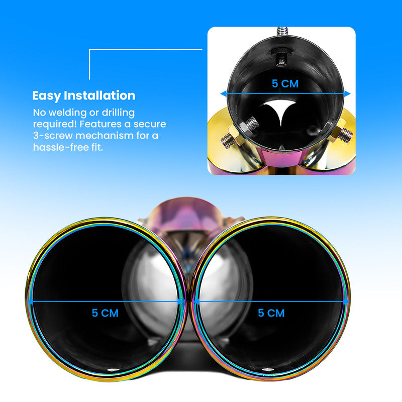 Universal Stainless Steel Burnt Neo Chrome Dual Pipe Car Exhaust Muffler Tip | Rainbow Iridescent Round Shaped Straight End Tail Pipe Show Modification Accessory for All Cars