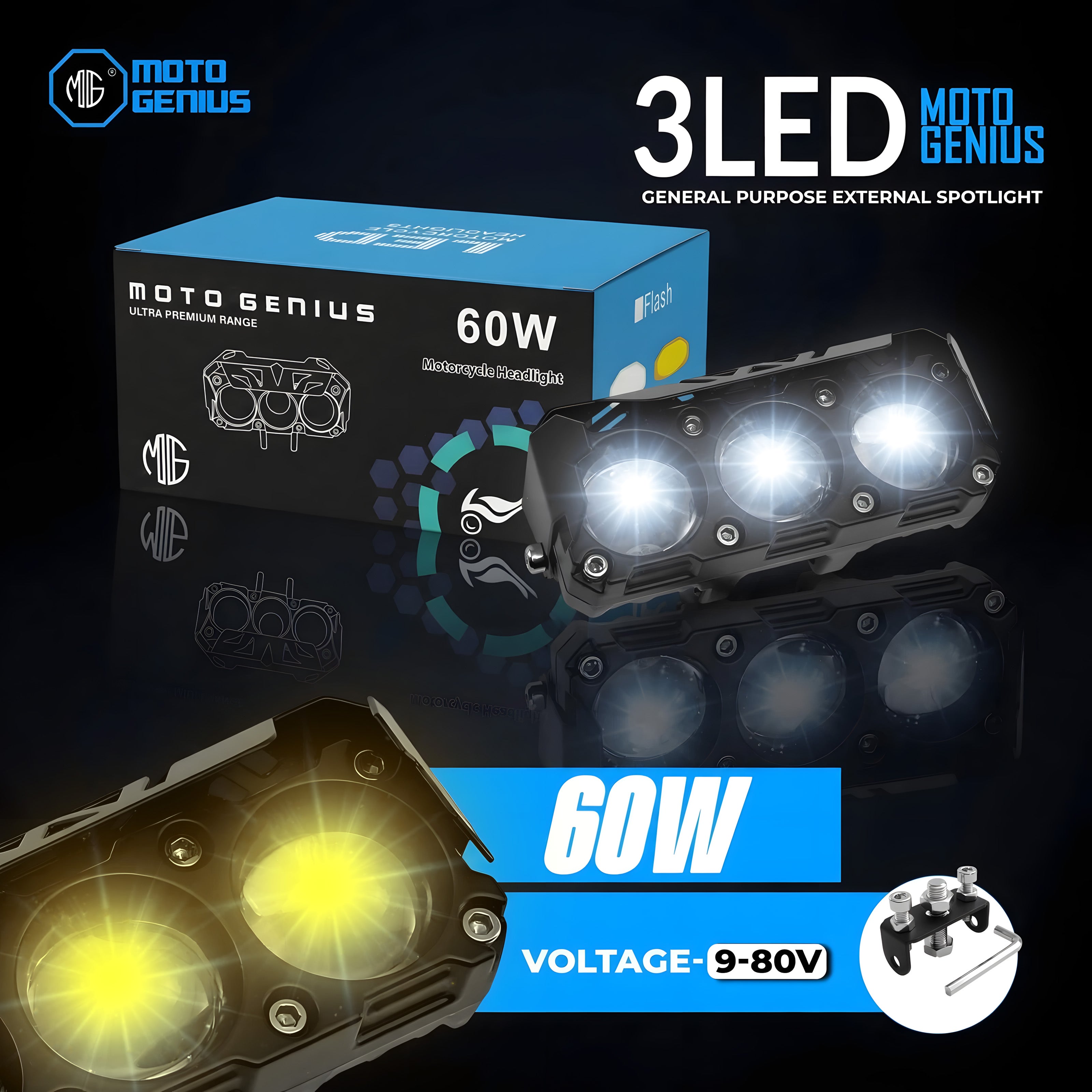 35W Motorcycle Dual Color LED | 3-LED Mini Projector Spot/Fog Light | Yellow & White Beam | Waterproof Auxiliary Driving Lamp for All Bikes (MGF1)