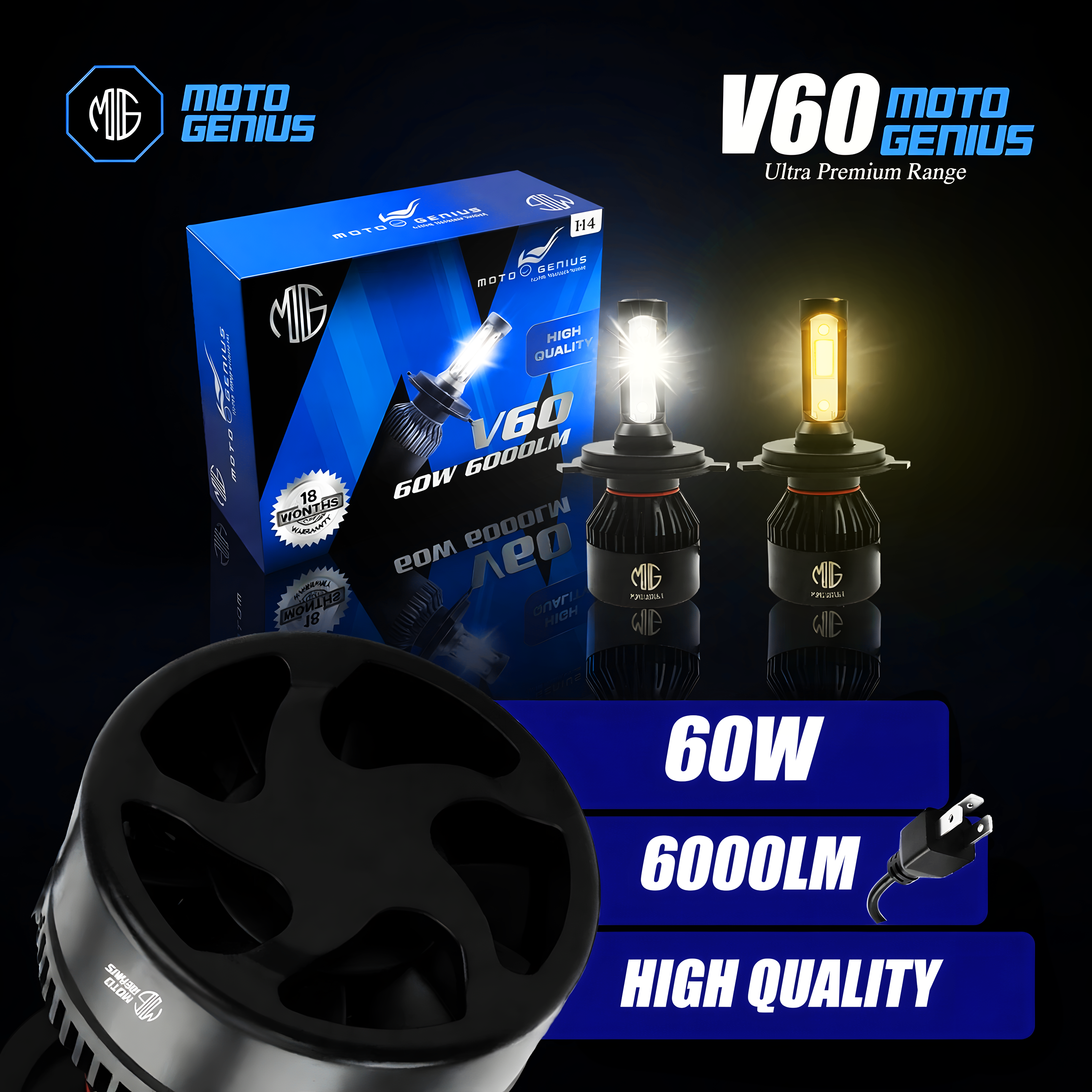 H4 LED Headlight Bulb Hi/Lo Beam 60W (30W+30W) 6000LM, 6500K Cool White, High Brightness with Cooling Fan, Plug & Play for Cars, Bikes & SUVs