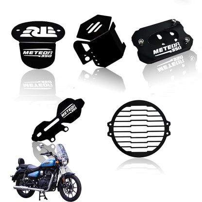 MOTO GENIUS Meteor 350 Motorbike Accessories Kit | Metal Honey Shape Headlight Grill, Cylinder Guard, Side Stand Extender & Oil Reservoir Caps for RE Meteor 350 | Heavy-Duty Metal | Pack of 5