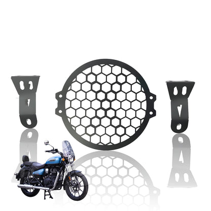 MOTO GENIUS Front Headlight Grill Guard for RE Meteor |Durable Metal Protective Head Light Frame Protector| Jali Compatible for RE Meteor (Plus Design Grill)