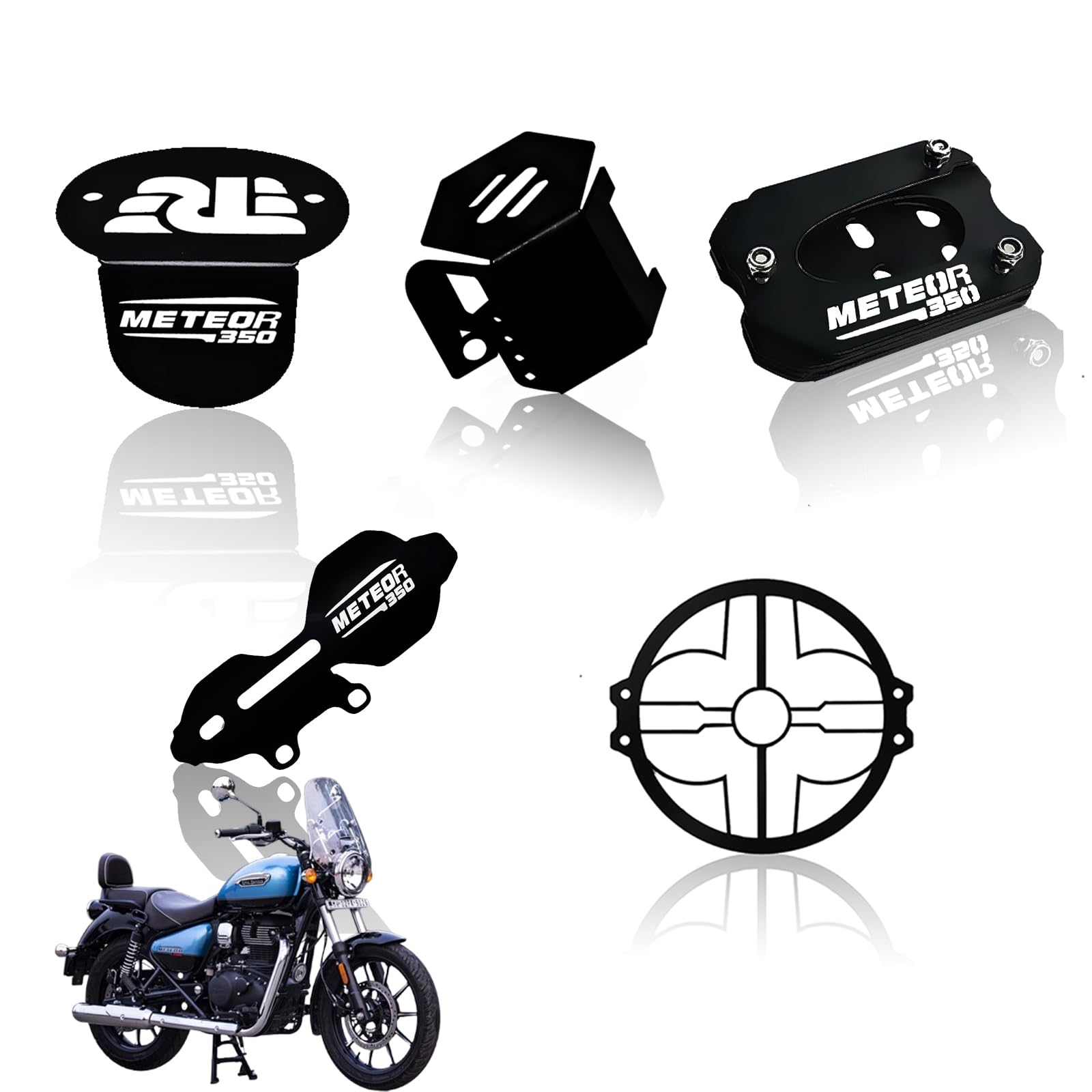 MOTO GENIUS Meteor 350 Motorbike Accessories Kit | Metal Honey Shape Headlight Grill, Cylinder Guard, Side Stand Extender & Oil Reservoir Caps for RE Meteor 350 | Heavy-Duty Metal | Pack of 5