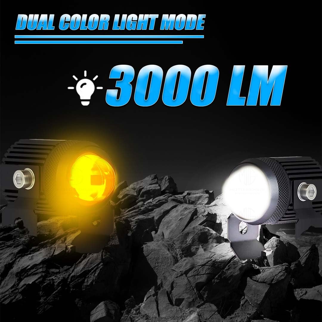 MOTO GENIUS 2PCS 25W Fog Light Projectors | 50W Total Power | Dual Beam Hi/Lo | White + Yellow LEDs | IP67 Waterproof | Universal for Car, Motorcycle, Scooter | Pack of 2
