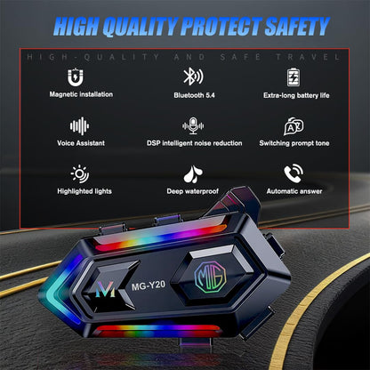 MOTO GENIUS Y20 Motorcycle Helmet Bluetooth Headset with RGB Lighting, Bluetooth 5.3, Smart Noise Reduction, HiFi Sound Quality, IPX6 Waterproof | Universal Compatibility for All Helmets