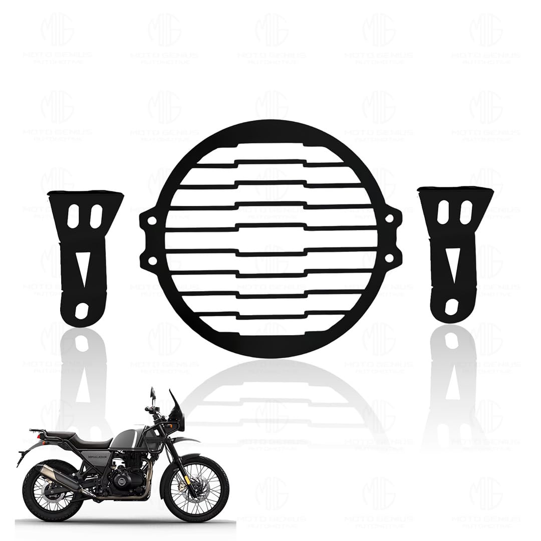 MOTO GENIUS Front Headlight Grill Guard for RE Himalayan BS3/BS4/BS6/Scram Motorbike | Durable Metal Protective Head Light Frame Protector (Plus Design Grill)