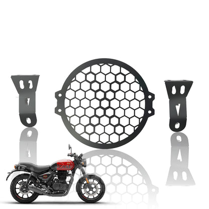 MOTO GENIUS Front Headlight Grill Guard for HUNTER | Durable Metal Protective Head Light Frame Protector (Check Grill)