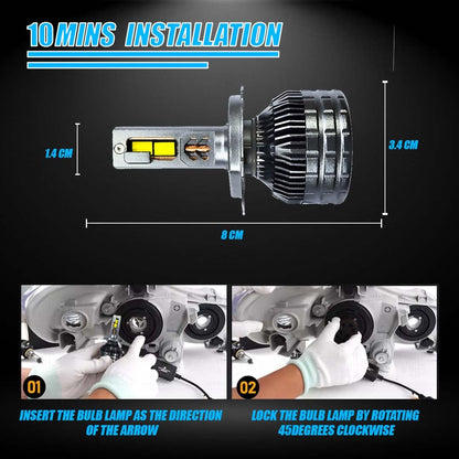 MOTO GENIUS Super Bright 400W LED Headlight Conversion Kit for Car & Bike | Waterproof, Energy-Efficient, Steel & Aluminium Build, Dual Beam, Premium Wooden Box Packaging (H4, Pack of 2)
