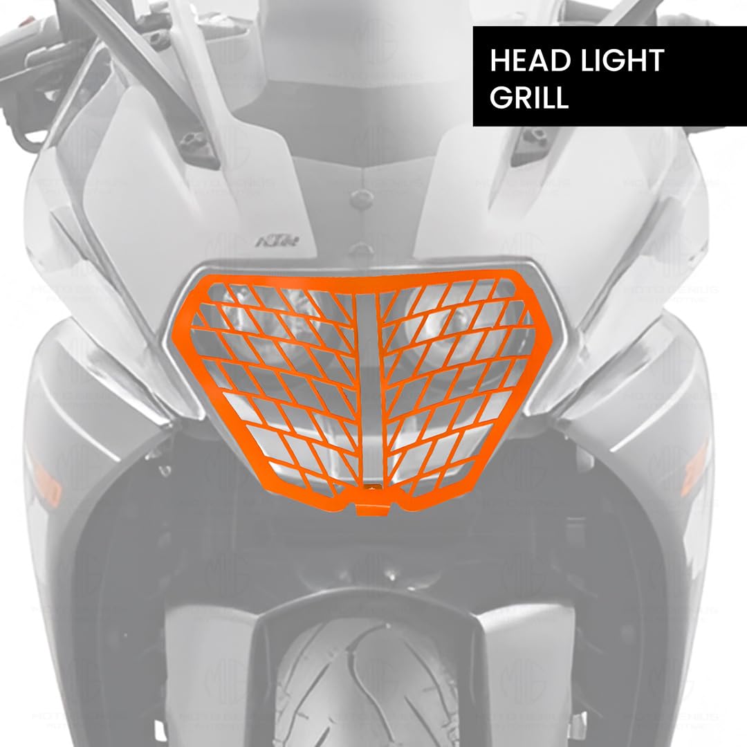 MOTO GENIUS Front Headlight Grill Guard for KTM RC | Durable Metal Protective Head Light Frame Protector | Compatible with RC 125/200/250/390 (Orange)
