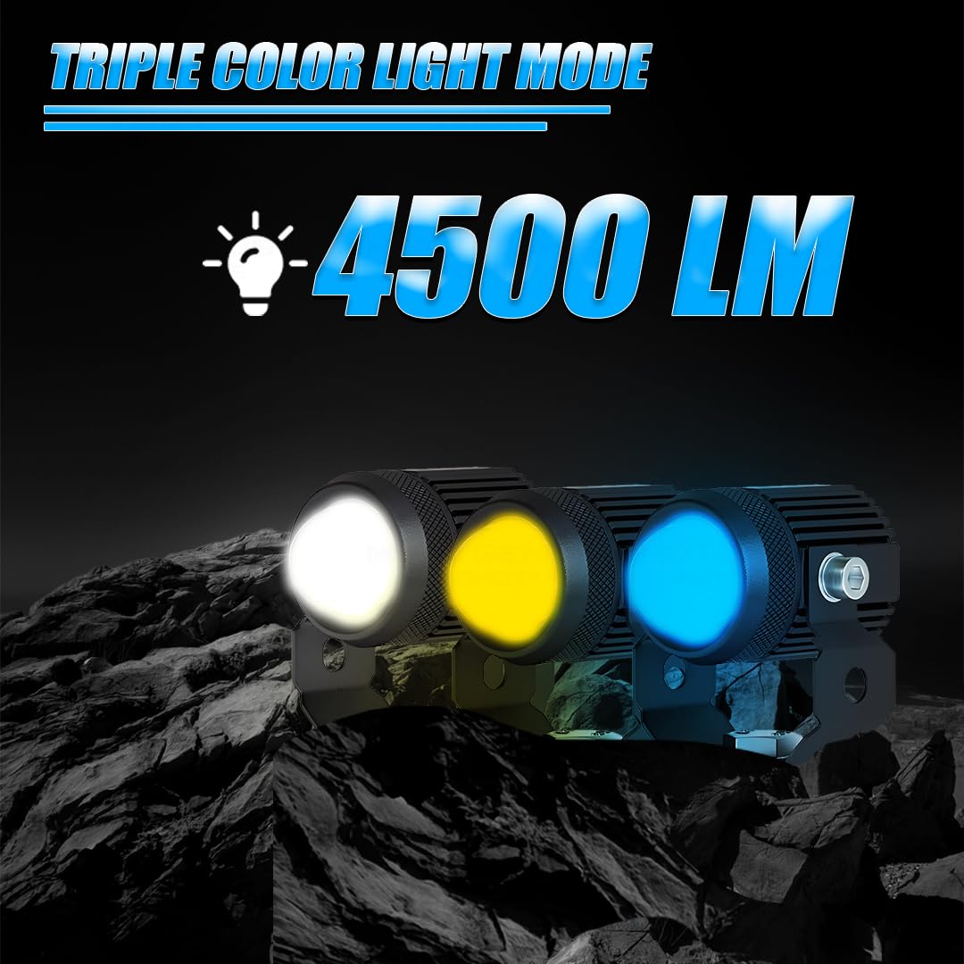 MOTO GENIUS LED Fog Lights with Switch for Car Motorcycle Scooter | 2PCS 20W Each (40W Total), Triple Color , Hi/Lo Beam, Waterproof, Universal for Car & Motorcycle | Pack of 2