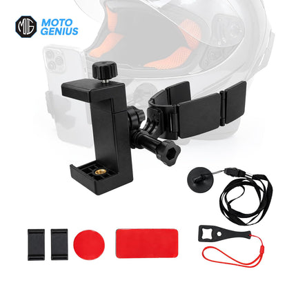 Universal Helmet Chin Mount Mobile Holder Strap with 360° Rotating Mobile Holder & Action Camera Mount | Adjustable Anti-Slip Moto Vlogging Bracket for Full Face Helmets
