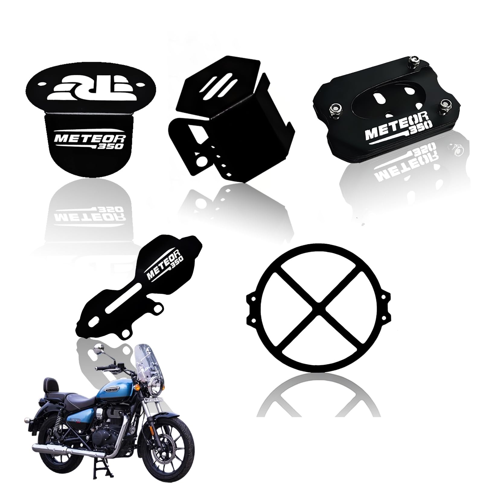 MOTO GENIUS Meteor 350 Motorbike Accessories Kit | Metal Honey Shape Headlight Grill, Cylinder Guard, Side Stand Extender & Oil Reservoir Caps for RE Meteor 350 | Heavy-Duty Metal | Pack of 5
