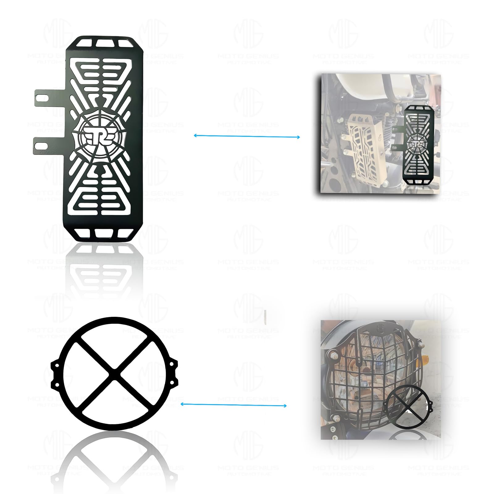 MOTO GENIUS Metal Accessories Kit for RE Himalayan Motorbike | Radiator Guard, X Shape Headlight Grill, Cylinder Guard, Side Stand Extender & Oil Reservoir Caps for RE Himalayan (Pack of 6)