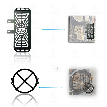 MOTO GENIUS Metal Accessories Kit for RE Himalayan Motorbike | Radiator Guard, X Shape Headlight Grill, Cylinder Guard, Side Stand Extender & Oil Reservoir Caps for RE Himalayan (Pack of 6)