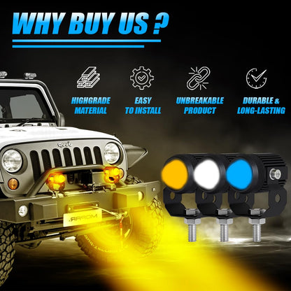MOTO GENIUS LED Fog Lights with Switch for Car Motorcycle Scooter | 2PCS 20W Each (40W Total), Triple Color , Hi/Lo Beam, Waterproof, Universal for Car & Motorcycle | Pack of 2