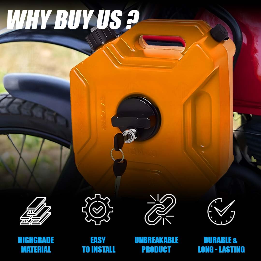 MOTO GENIUS Universal 5 Liter Fuel Jerry Can With Clamp and Cap For Motorcycle | Fuel Container Heavy Duty construction for Petrol/diesel/kerosene Storage (Gold)