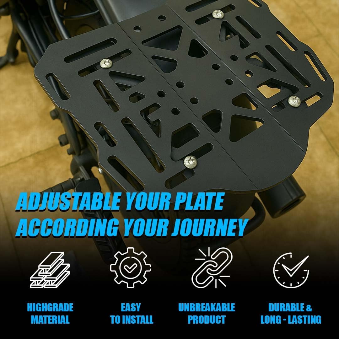 MOTO GENIUS Universal Bike Luggage Rack Top Base Plate | Adjustable Heavy-Duty Metal Mount | Fits All Motorcycles & Scooters | Easy Installation | Rear Carrier for Top Box & Bags