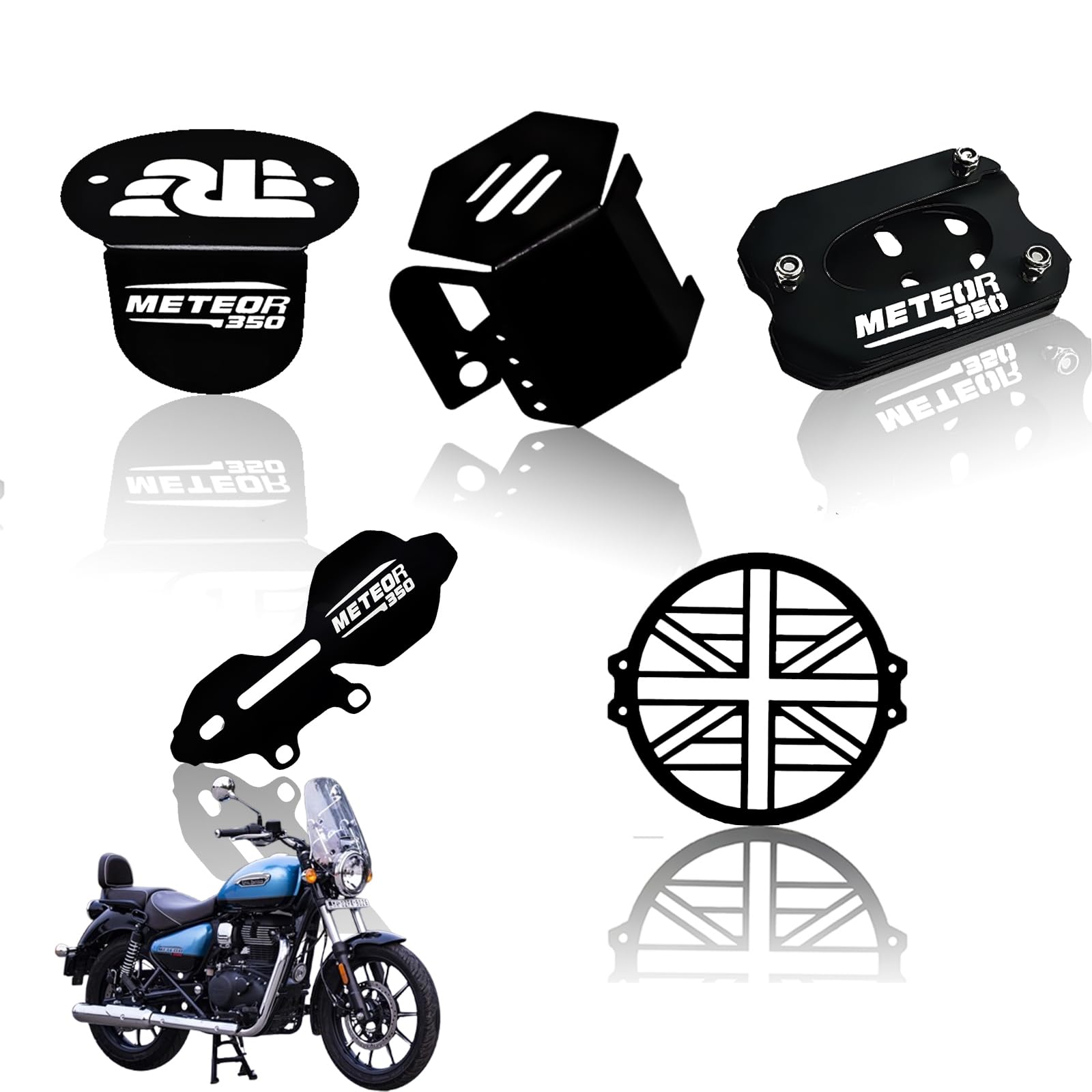 MOTO GENIUS Meteor 350 Motorbike Accessories Kit | Metal Plus Shape Headlight Grill, Cylinder Guard, Side Stand Extender & Oil Reservoir Caps for RE Meteor 350 | Heavy-Duty Metal | Pack of 5