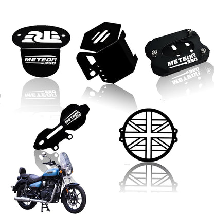 MOTO GENIUS Meteor 350 Motorbike Accessories Kit | Metal Honey Shape Headlight Grill, Cylinder Guard, Side Stand Extender & Oil Reservoir Caps for RE Meteor 350 | Heavy-Duty Metal | Pack of 5