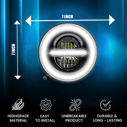 MOTO GENIUS 7 Inch LED Round Headlight for Royal Enfield & Thar | High/Low Beam, Waterproof, Luminous Mode, Acrylic & Aluminum Construction, Durable, DRL, Bright LED (Line Design)
