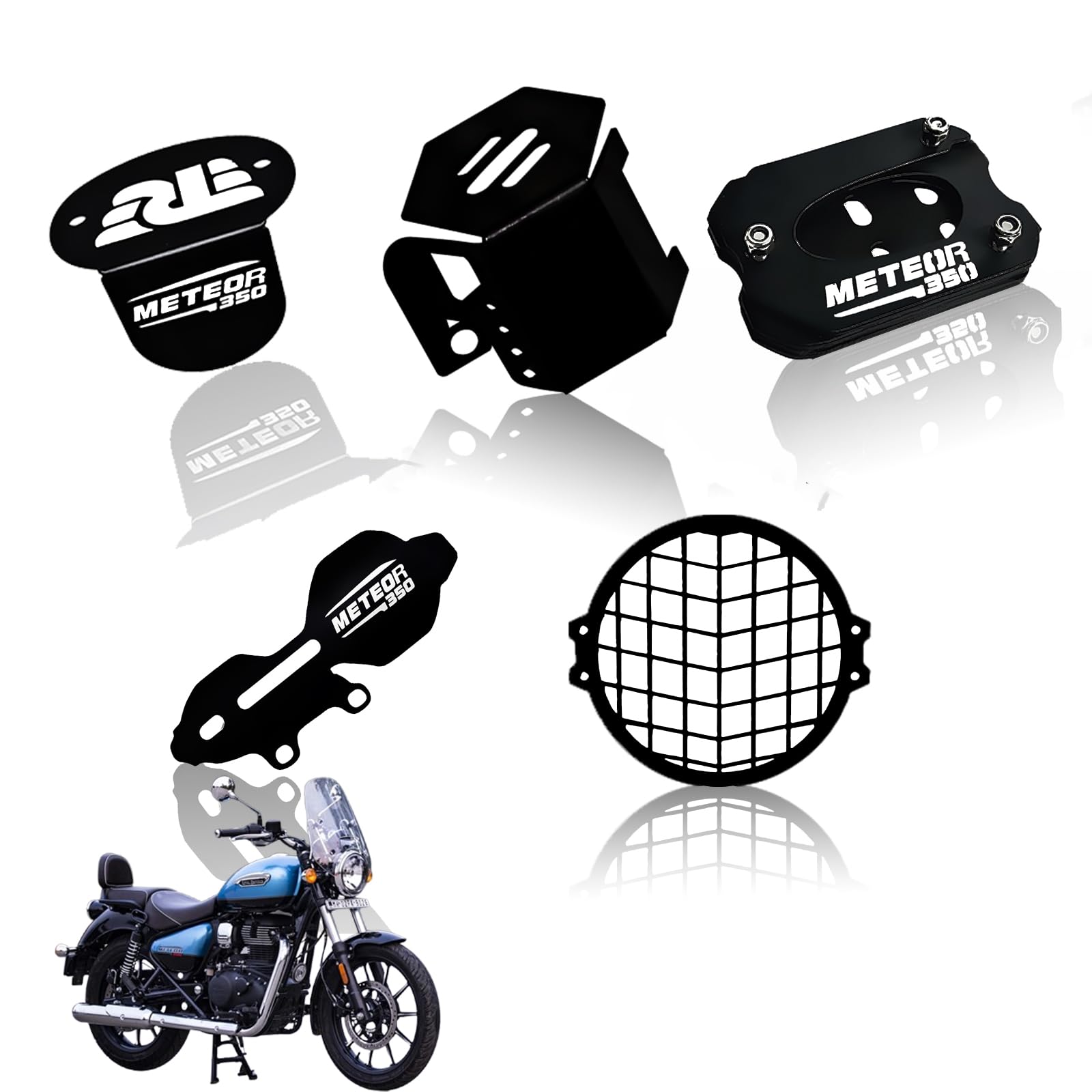 MOTO GENIUS Meteor 350 Motorbike Accessories Kit | Metal Honey Shape Headlight Grill, Cylinder Guard, Side Stand Extender & Oil Reservoir Caps for RE Meteor 350 | Heavy-Duty Metal | Pack of 5