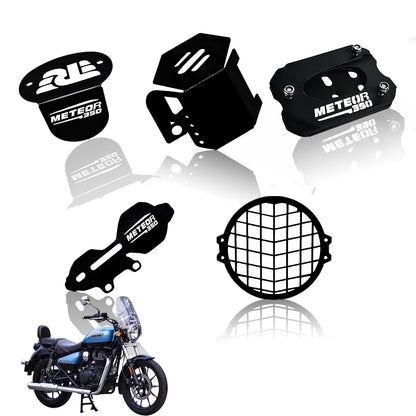 MOTO GENIUS Meteor 350 Motorbike Accessories Kit | Metal Honey Shape Headlight Grill, Cylinder Guard, Side Stand Extender & Oil Reservoir Caps for RE Meteor 350 | Heavy-Duty Metal | Pack of 5