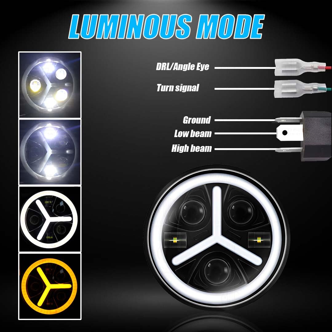 7 Inch LED Round Headlight for Royal Enfield & Thar | High/Low Beam, Waterproof, Luminous Mode, Acrylic & Aluminum Construction, Durable, DRL, Bright LED (Line Design)-Y Round - Moto Genius