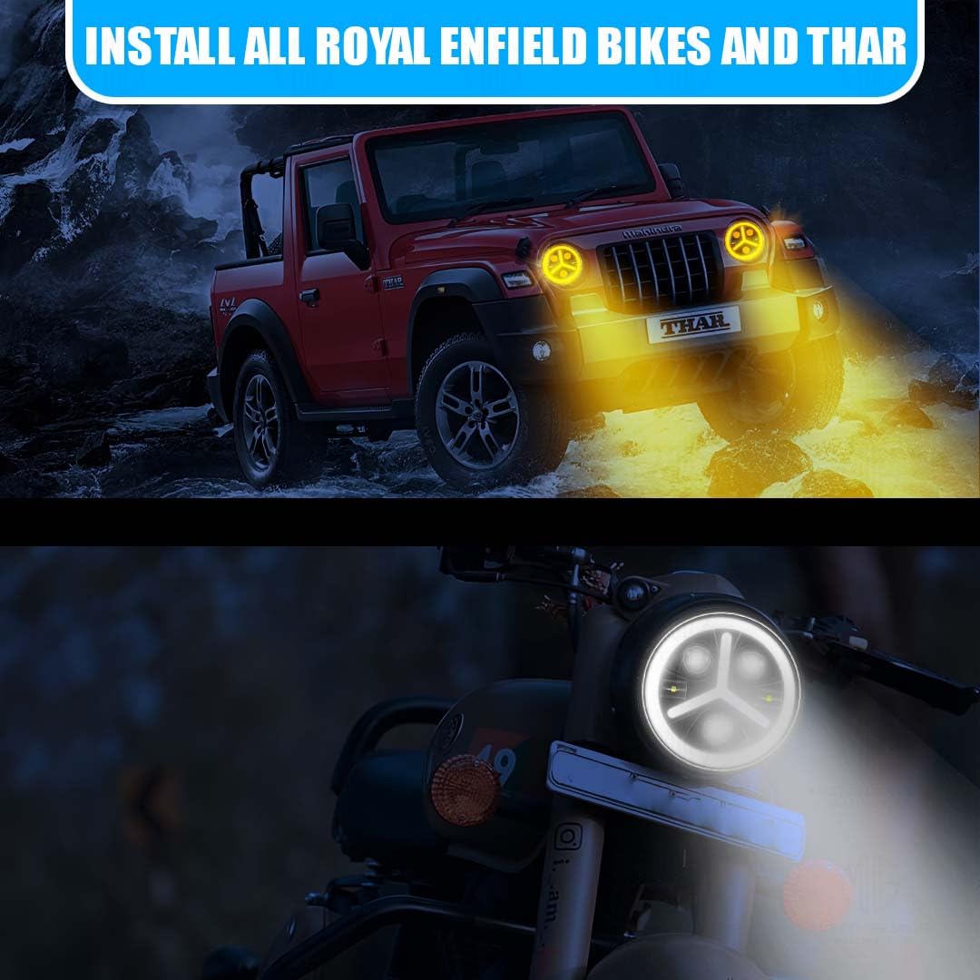 7 Inch LED Round Headlight for Royal Enfield & Thar | High/Low Beam, Waterproof, Luminous Mode, Acrylic & Aluminum Construction, Durable, DRL, Bright LED (Line Design)-Y Round - Moto Genius