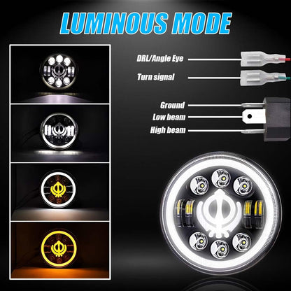 7 Inch LED Round Headlight for Royal Enfield & Thar | High/Low Beam, Waterproof, Luminous Mode, Acrylic & Aluminum Construction, Durable, DRL, Bright LED (Line Design)-DRL Round - Moto Genius